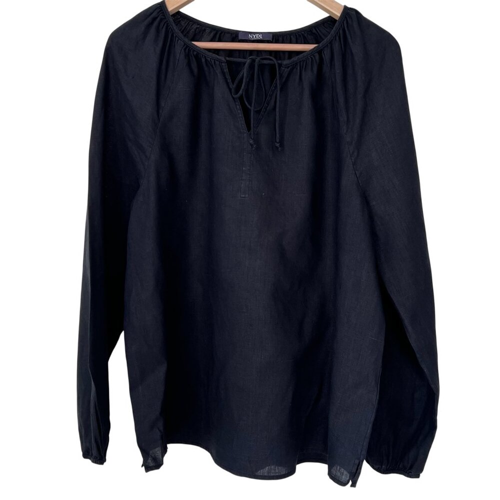 NYDJ 100% Linen Peasant Blouse Tie Split Neck Long Sleeve Boho Coastal Black L